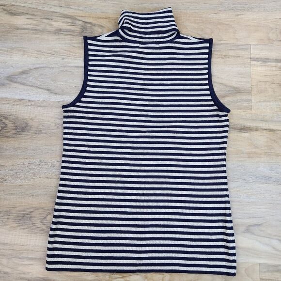 ☔️🔺️Grace Metallic Gold & Blue Striped Turtleneck Sleeveless Top Large - Picture 2 of 9